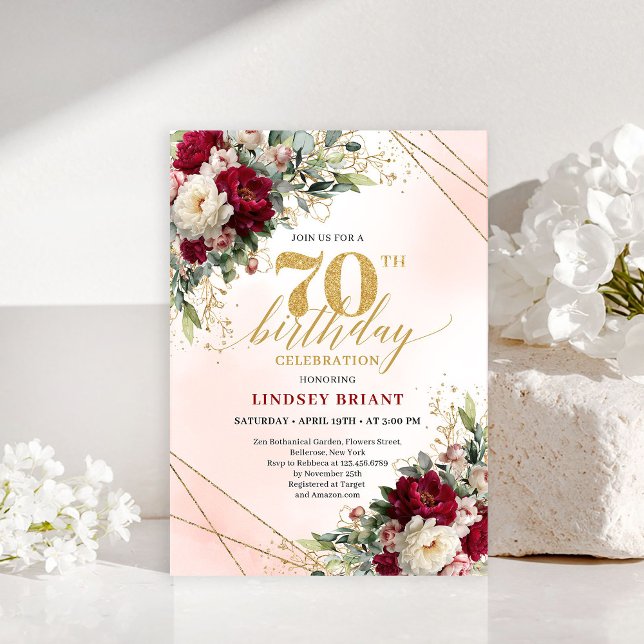 Invitación Clásica de Cumpleaños 70 Feliz con Flor (Classic Gold Floral Happy 70th Birthday Invitation)