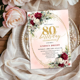 Invitación clásica de cumpleaños 80 en floral burg