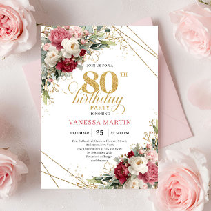 Invitación clásica de cumpleaños 80 en tono burdeo
