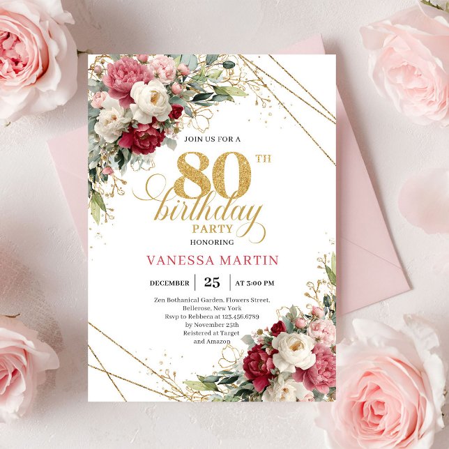 Invitación clásica de cumpleaños 80 en tono burdeo (Classic Burgundy Blush Gold 80th Birthday Invite)