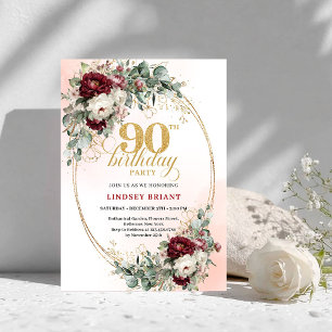 Invitación clásica de cumpleaños 90 de peonías roj