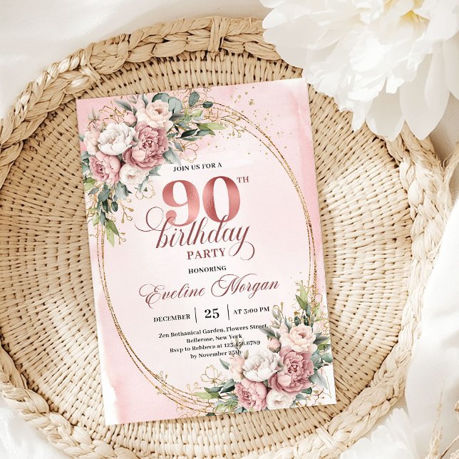 Invitación clásica de cumpleaños 90 de rosa oro y  (Classic Rose Gold Greenery 90th Birthday Invitation)