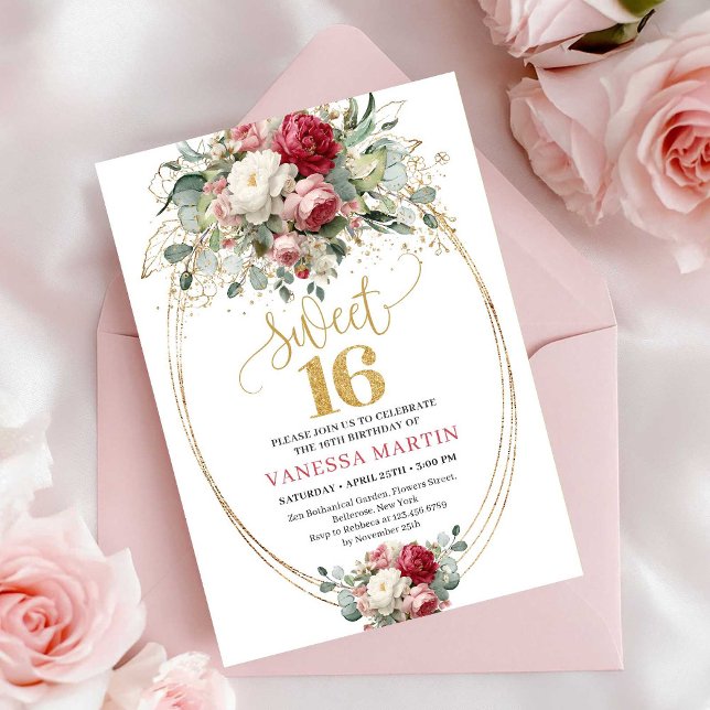 Invitación Clásica de Cumpleaños Dieciséis con Ros (Classic Blush Burgundy White Sweet Sixteen Invitation)