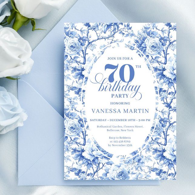 Invitación Clásica de Cumpleaños número 70 Rosas A (Blue Roses Classic 70th Birthday Invitation)