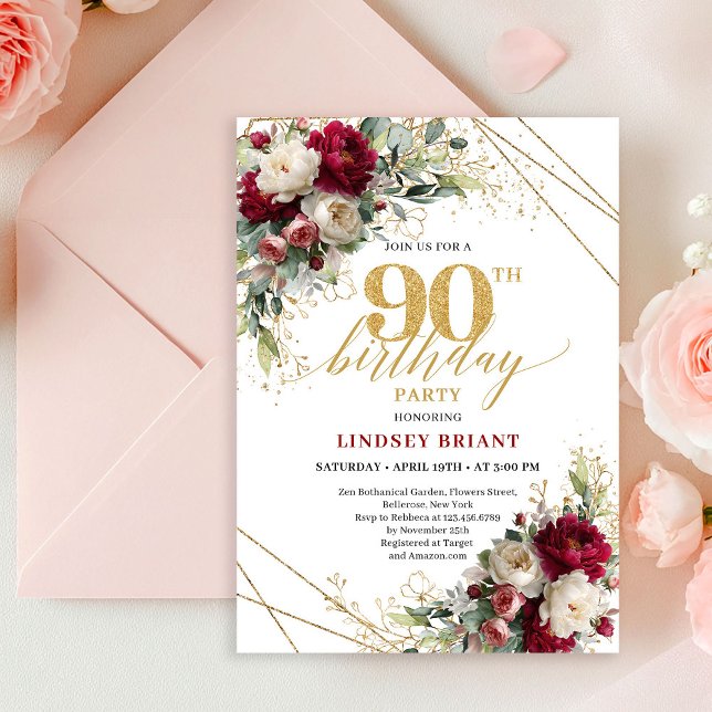 Invitación clásica de cumpleaños número 90 con flo (Classic Deep Red Floral Gold 90th Birthday Invitation)