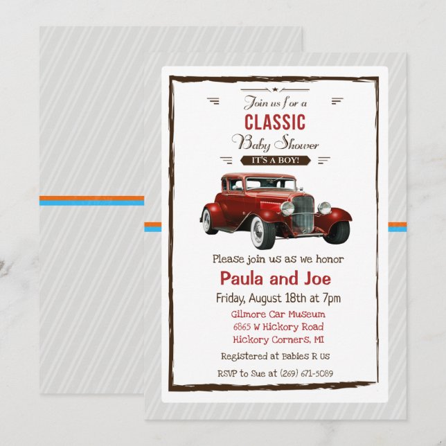 Invitación clásica de ducha de bebé de coche vinta (Anverso / Reverso)