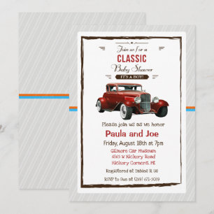 Invitación clásica de ducha de bebé de coche vinta