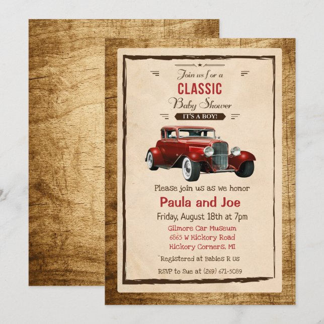 Invitación clásica de ducha de bebé de coche vinta (Anverso / Reverso)