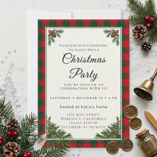 Invitación clásica de fiesta de Navidad a cuadros