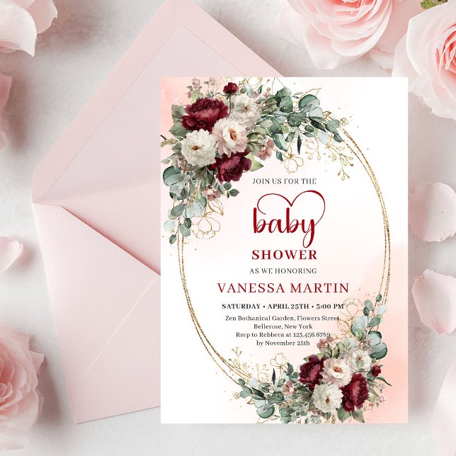 Invitación clásica de flores de Borgoña doradas pa (Classic Burgundy Flowers Gold Baby Shower Invitation

)
