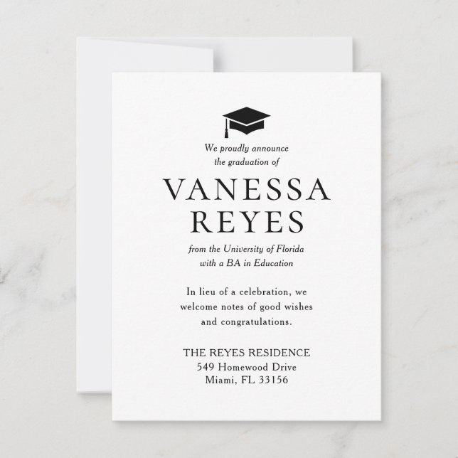 Invitación clásica de graduación en blanco y negro (Anverso)