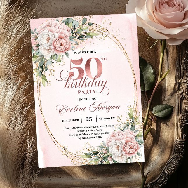 Invitación clásica de lujo en rosa dorado para cum (Classic Luxe Rose Gold 50th Birthday Invitation)