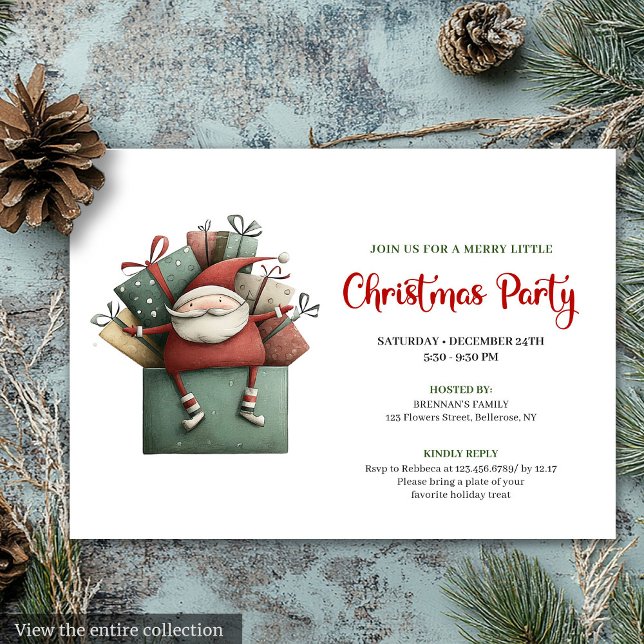 Invitación Clásica de Navidad con Papá Noel Divert (Classic Red Green Funny Santa Christmas Invitation)