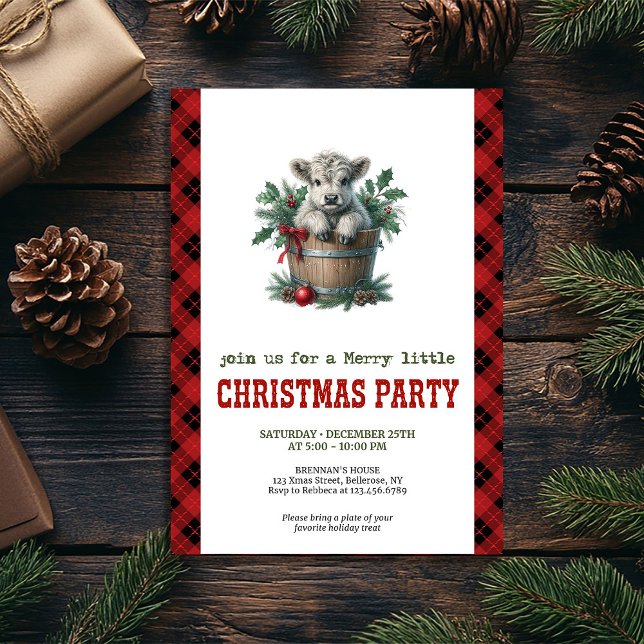 Invitación clásica de Navidad con vaca de las High (Classic highland cow Christmas invite red florals

)