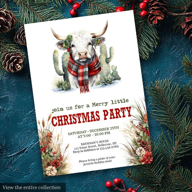Invitación Clásica de Navidad con Vaca de las Tier (Classic Red Green Cowboy Christmas Invite)