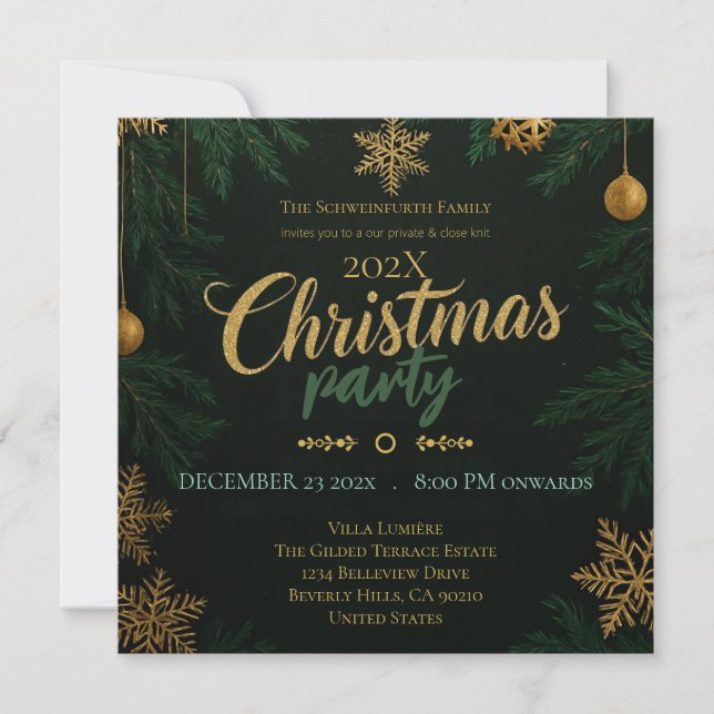 Invitación clásica de Navidad en negro, verde y do (Anverso)