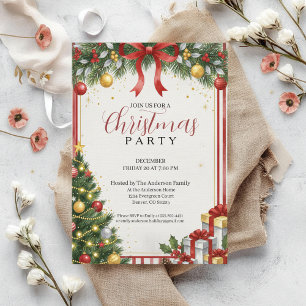 Invitación Clásica de Navidad en Rojo Dorado