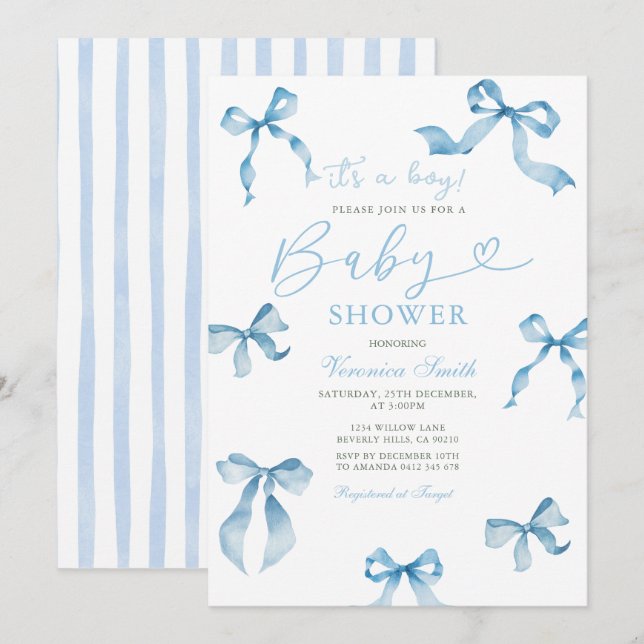 Invitación clásica de shower de bebé con lazo azul (Anverso / Reverso)