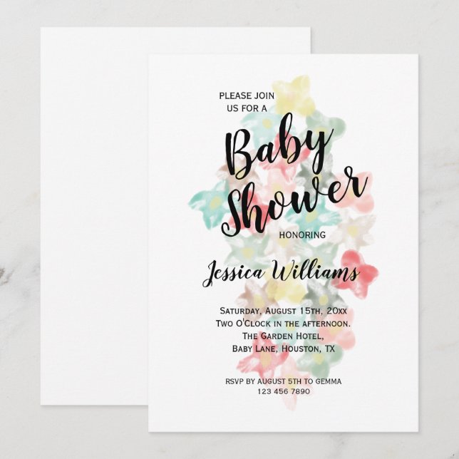 Invitación Clásica Ducha de Bebé de Flores de Acuarela (Anverso / Reverso)