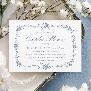 Invitación Clásica ducha de parejas floral azul francés