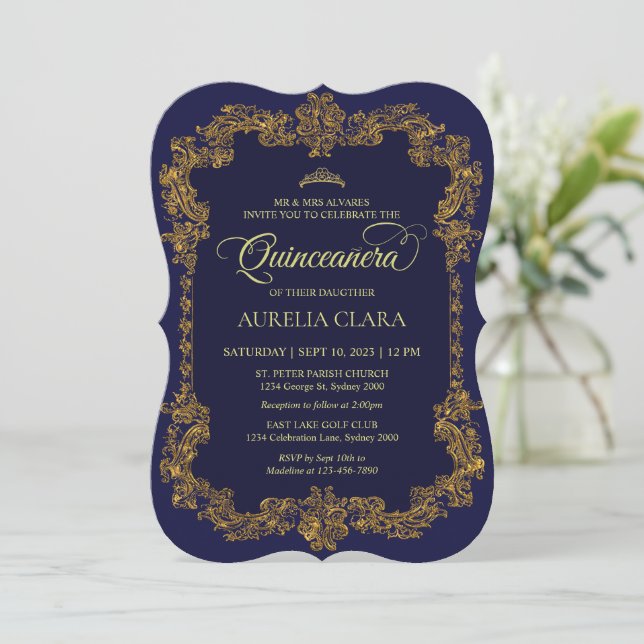 Invitación Clásica elegancia Marina Azul Oro Tiara Quinceaner (Anverso de pie)