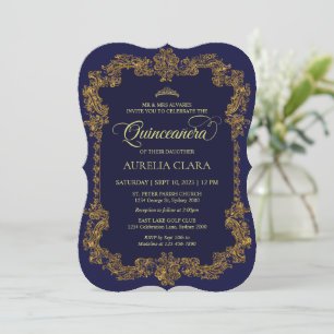 Invitación Clásica elegancia Marina Azul Oro Tiara Quinceaner