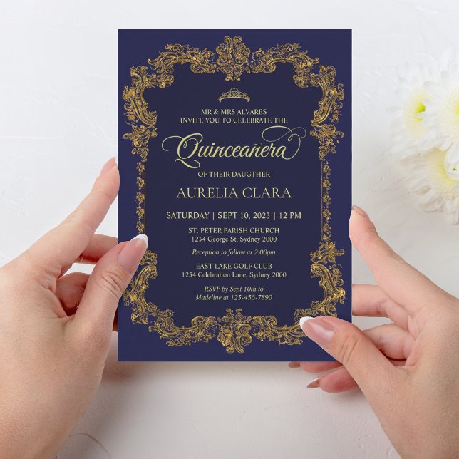 Invitación Clásica elegancia Marina Azul Oro Tiara Quinceaner (Subido por el creador)