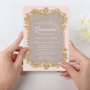 Invitación Clásica elegancia Rubor Oro Rosa Tiara Quinceanera