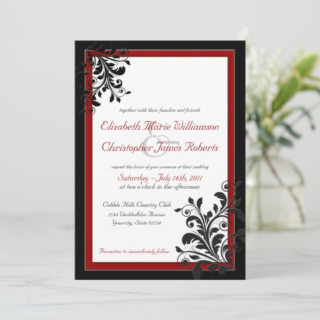 Invitación clásica elegante a la boda roja (Anverso de pie)