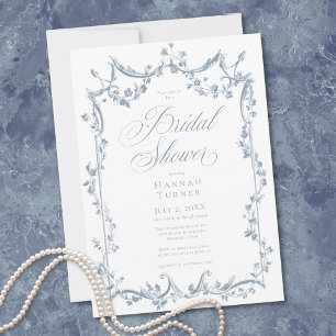 Invitación Clásica Elegante Ducha de Flores Azules Polvorient