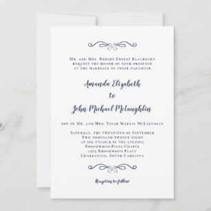 Invitación Clásica Elegante Formal Blanca Azul Marino Boda