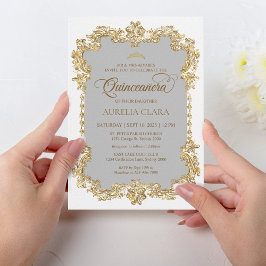 Invitación Clásica Elegante Marfil Blanco Oro Tiara Quinceane