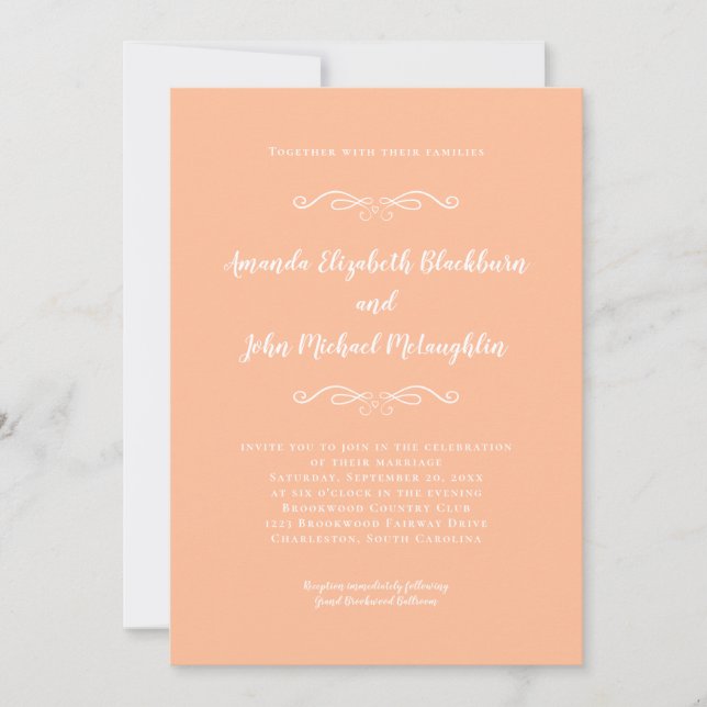 Invitación Clásica Elegante Melocotón Blanco Boda Formal Igle (Anverso)
