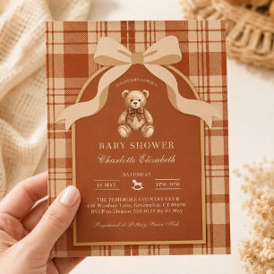 Invitación Clásica Fiesta de Bebé de Oso de Cuadros Preppy