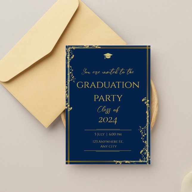 Invitación Clásica fiesta de graduación de oro azul (Subido por el creador)