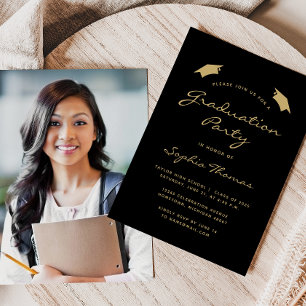 Invitación Clásica fiesta de graduación de oro negro 2025