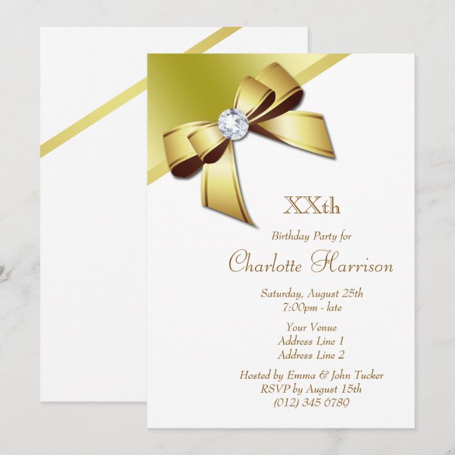 Invitación Clásica fiesta romántica de cumpleaños blanco y or (Anverso / Reverso)