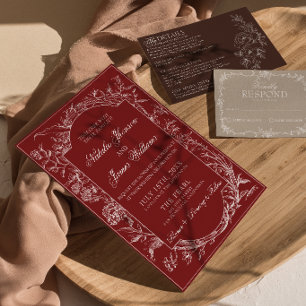 Invitación Clásica Floral Borgoña Bohemio Botánico Boda