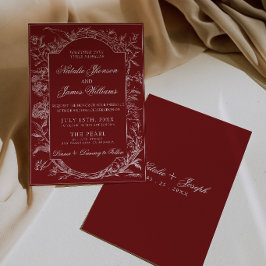 Invitación Clásica Floral Botánica Bohemia de Profundo Rojo p