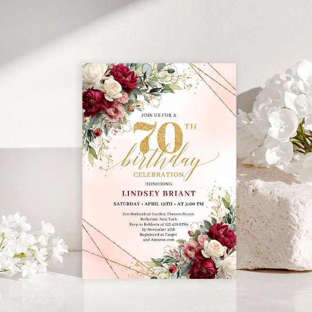 Invitación clásica floral dorada para cumpleaños 7 (Classic Floral Gold 70th Birthday Party Invitation)