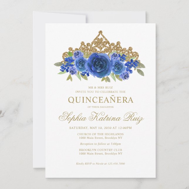 Invitación Clásica Floral Real Azul Oro Tiara Quinceañera (Anverso)