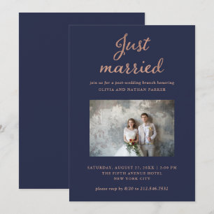 Invitación Clásica Foto   Azul Marino y Rosa Dorado Recién Ca