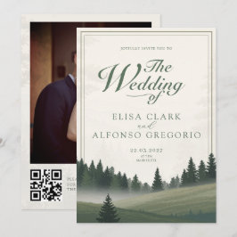 Invitación Clásica Foto de Boda con Acuarela del Bosque Verde