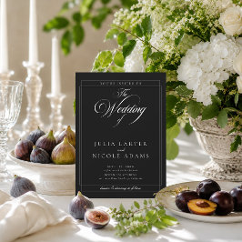 Invitación Clásica Foto de Boda con Caligrafía en Marfil Negr