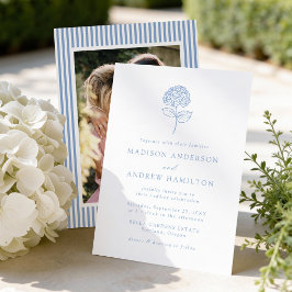 Invitación Clásica Foto de Boda con Hortensias Azules
