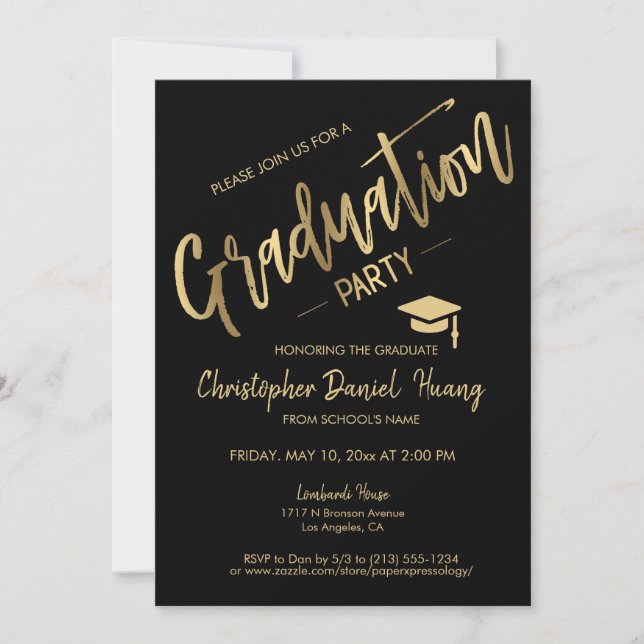 Invitación Clásica foto de la fiesta de graduación de oro neg (Anverso)