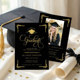 Invitación Clásica graduación de foto en negro dorado