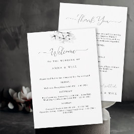 Invitación Clásica Magnolia Boda Blanco Negro Itinerario