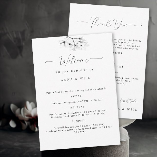 Invitación Clásica Magnolia Boda Blanco Negro Itinerario (Classic Magnolia Wedding Weekend Itinerary and Welcome Card)