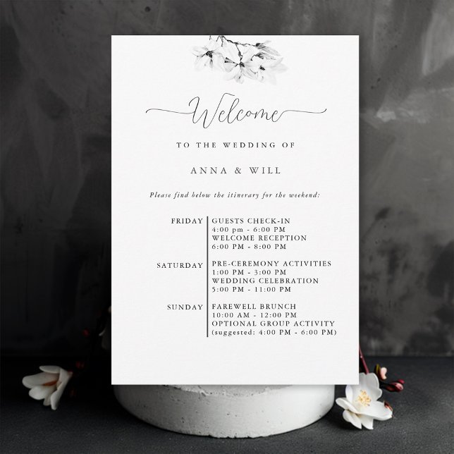 Invitación Clásica Magnolia Elegante Boda Itineraria (Classic Magnolia Wedding Weekend Itinerary Simple Classy Elegant Modern Bohemian)